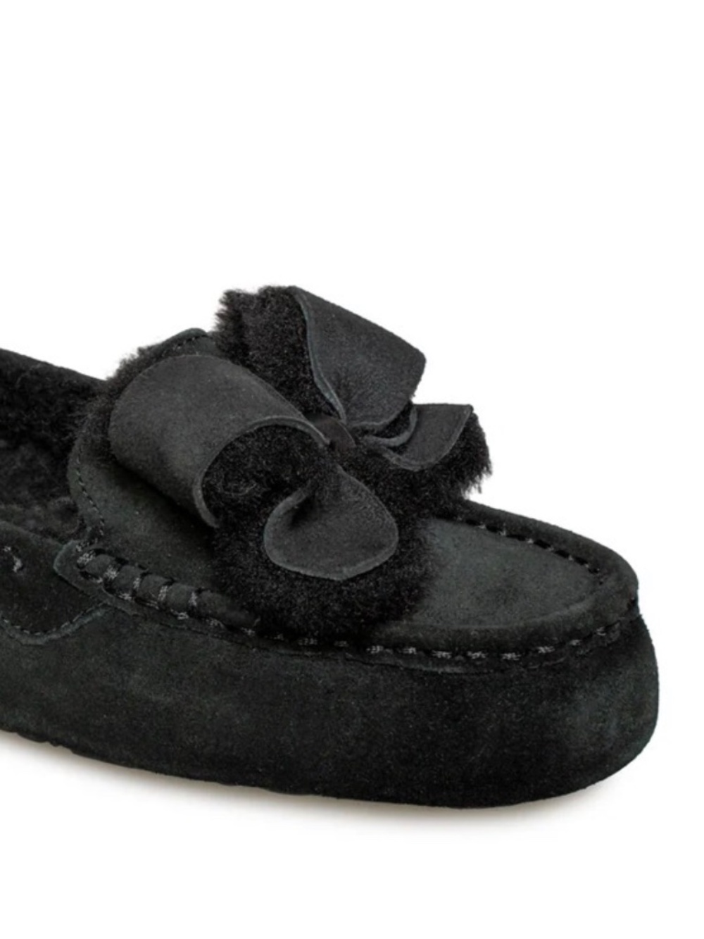 UGG Ansley Heritage Bow Black Suede Shearling Slippers Moccasins